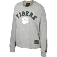 Sweat-shirt Colosseum Heather Grey Clemson Tigers OHT pour femmes, drapeau d'appréciation militaire, rang Dolman