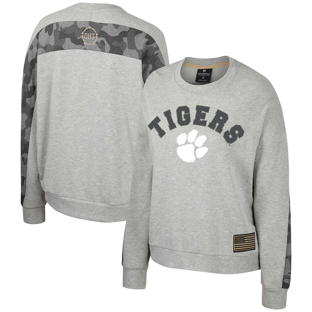 Sweat-shirt Colosseum Heather Grey Clemson Tigers OHT pour femmes, drapeau d'appréciation militaire, rang Dolman