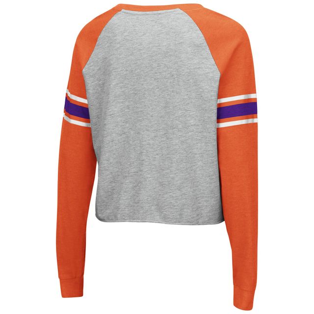 Colosseum femme gris chiné/orange Clemson Tigers Decoder Pin strass modeste court Raglan T-shirt à manches longues