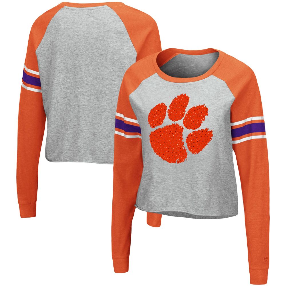 Women's Colosseum Heathered Gray/Orange Clemson Tigers Decoder Pin Raglan Long Sleeve T-Shirt