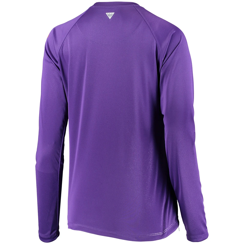 Women's Columbia Purple Clemson Tigers PFG Tidal Omni-Shade Long Sleeve T-Shirt