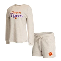 Ensemble t-shirt à manches longues et short en tissu gaufré Concepts Sport Cream pour femme des Clemson Tigers