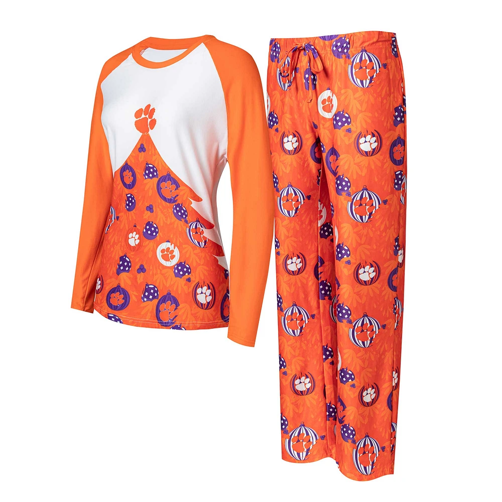 Ensemble de nuit Concepts Sport Orange Clemson Tigers Tinsel Ugly Sweater T-shirt à manches longues et pantalon pour femmes