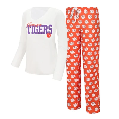 Concepts Sport Blanc/Orange Clemson Tigers T-shirt à col en V manches longues et pantalon Jauge Ensemble de nuit