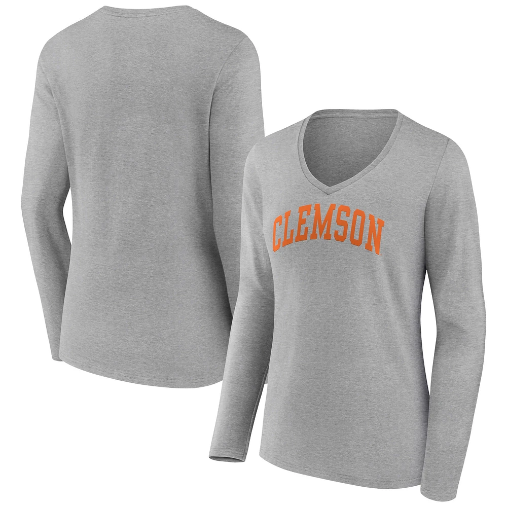 T-shirt à manches longues et col en V Fanatics Heather Grey Clemson Tigers Basic Arch pour femmes