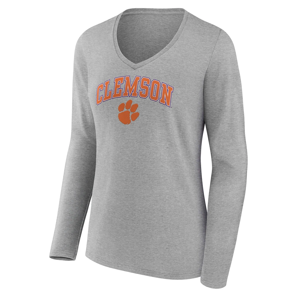 T-shirt à manches longues et col en V pour femme, gris chiné, motif Clemson Tigers Campus