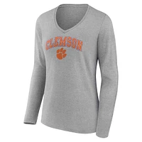 T-shirt à manches longues et col en V pour femme, gris chiné, motif Clemson Tigers Campus