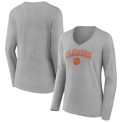 T-shirt à manches longues et col en V pour femme, gris chiné, motif Clemson Tigers Campus