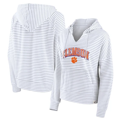 Women's Fanatics White/Gray Clemson Tigers Arch Logo Striped Notch Neck Pullover Hoodie