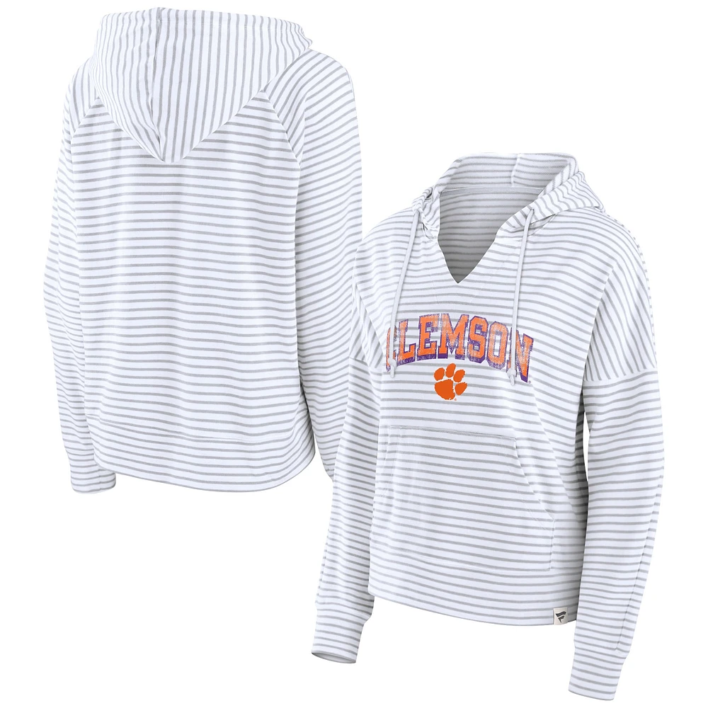 Women's Fanatics  White Clemson Tigers Striped Notch Neck Pullover Hoodie