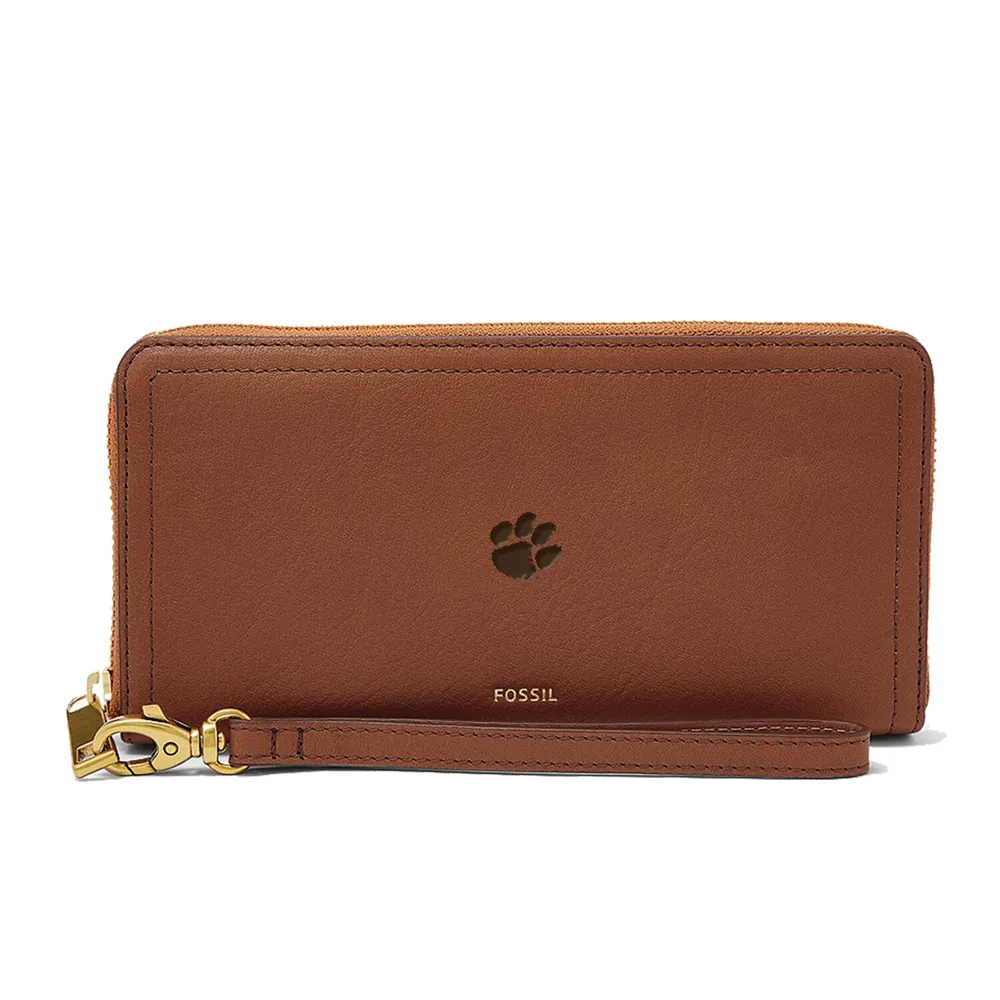 Clemson Tigers Fossil Women's Logan RFID Zip-Around Leather Clutch - Brown