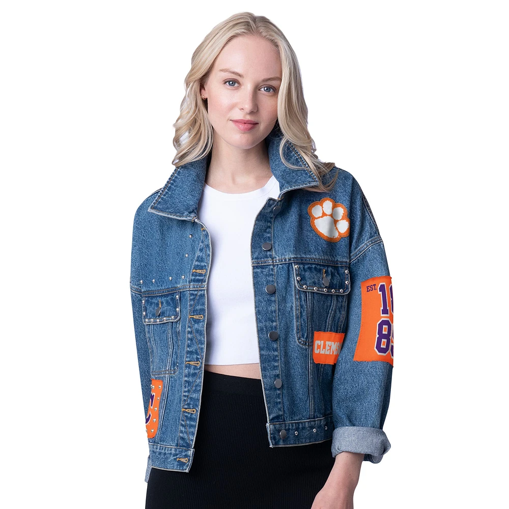 Veste en jean G-III 4Her pour femme de Carl Banks avec patchs et clous Game Ball des Clemson Tigers