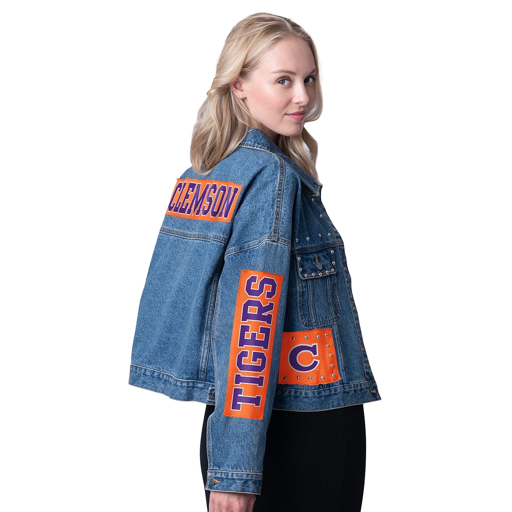 Veste en jean G-III 4Her pour femme de Carl Banks avec patchs et clous Game Ball des Clemson Tigers