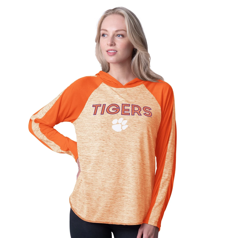 T-shirt à capuche manches longues raglan G-III 4Her par Carl Banks pour femme, orange, Clemson Tigers, Underdog Bling