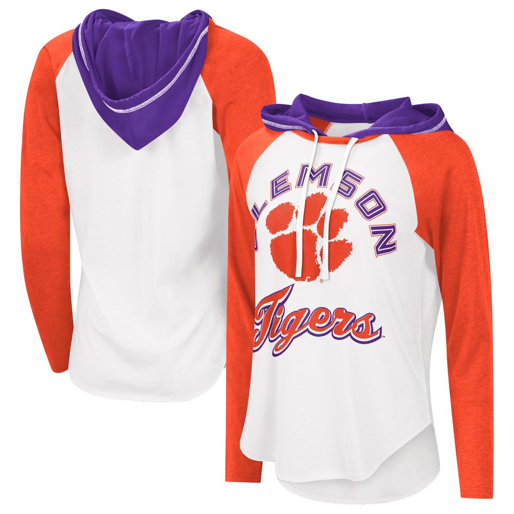 Women's G-III 4Her by Carl Banks White/Heathered Orange Clemson Tigers From the Sideline Raglan Hoodie Long Sleeve T-Shirt