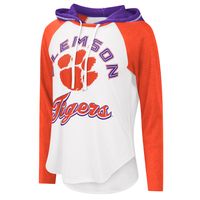 Women's G-III 4Her by Carl Banks White/Heathered Orange Clemson Tigers From the Sideline Raglan Hoodie Long Sleeve T-Shirt