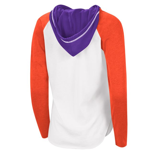 T-shirt à manches longues capuche raglan G-III 4Her by Carl Banks pour femmes, blanc/orange chiné Clemson Tigers From the Sideline