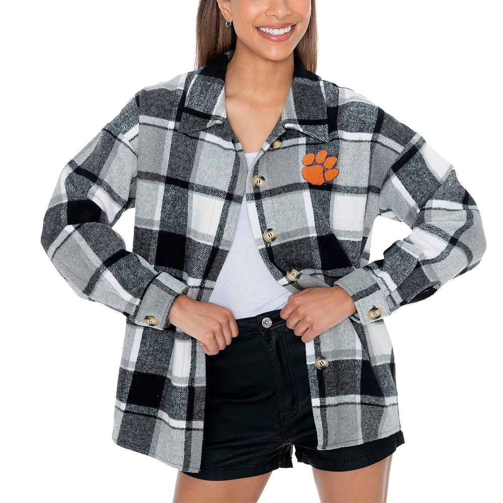 Chemise boutonnée en flanelle grise Gameday Couture pour femme des Clemson Tigers End Zone Game