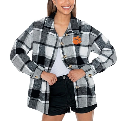 Women's Gameday Couture Gray Clemson Tigers End Zone Game Flannel Button-Up Shirt