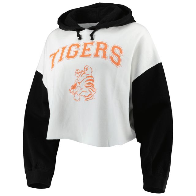 Sweat à capuche court avec blocs de couleurs Clemson Tigers Good Time Gameday Couture pour femme, blanc/noir