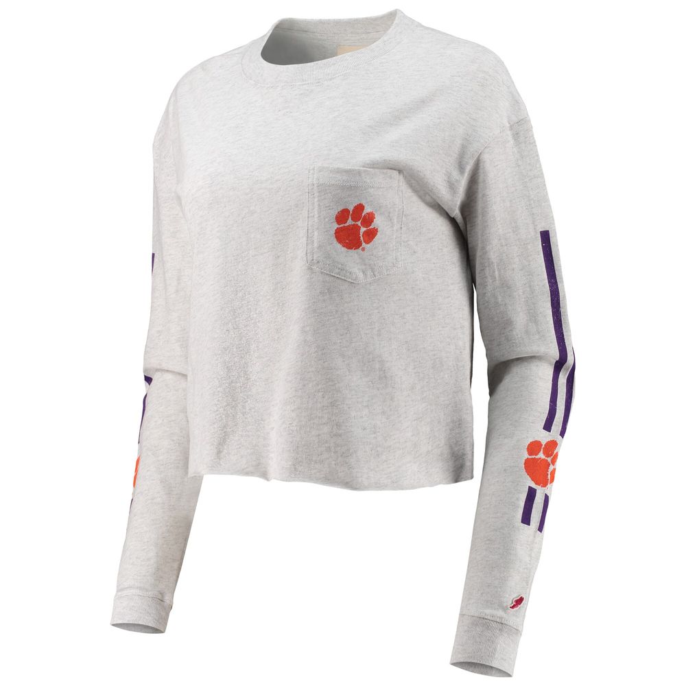 Women's League Collegiate Wear Heathered Gray Clemson Tigers Clothesline Cotton Midi Crop Long Sleeve T-Shirt