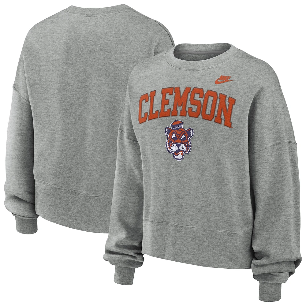 Women's Nike Heather Gray Clemson Tigers Legacy Fleece Classic Arch Oversized Cropped Tackle Twill Sweatshirt