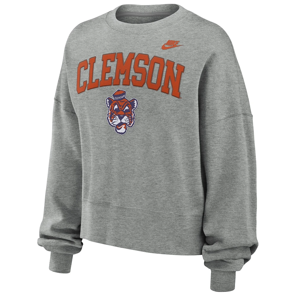 Women's Nike Heather Gray Clemson Tigers Legacy Fleece Classic Arch Oversized Cropped Tackle Twill Sweatshirt