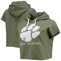 Women's Original Retro Brand Olive Clemson Tigers Cropped Tri-Blend Short Sleeve Pullover Hoodie