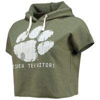 Women's Original Retro Brand Olive Clemson Tigers Cropped Tri-Blend Short Sleeve Pullover Hoodie