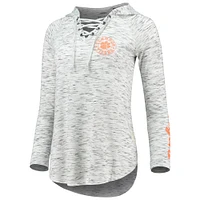 T-shirt à manches longues et col en V lacets gris Clemson Tigers Pressbox pour femme