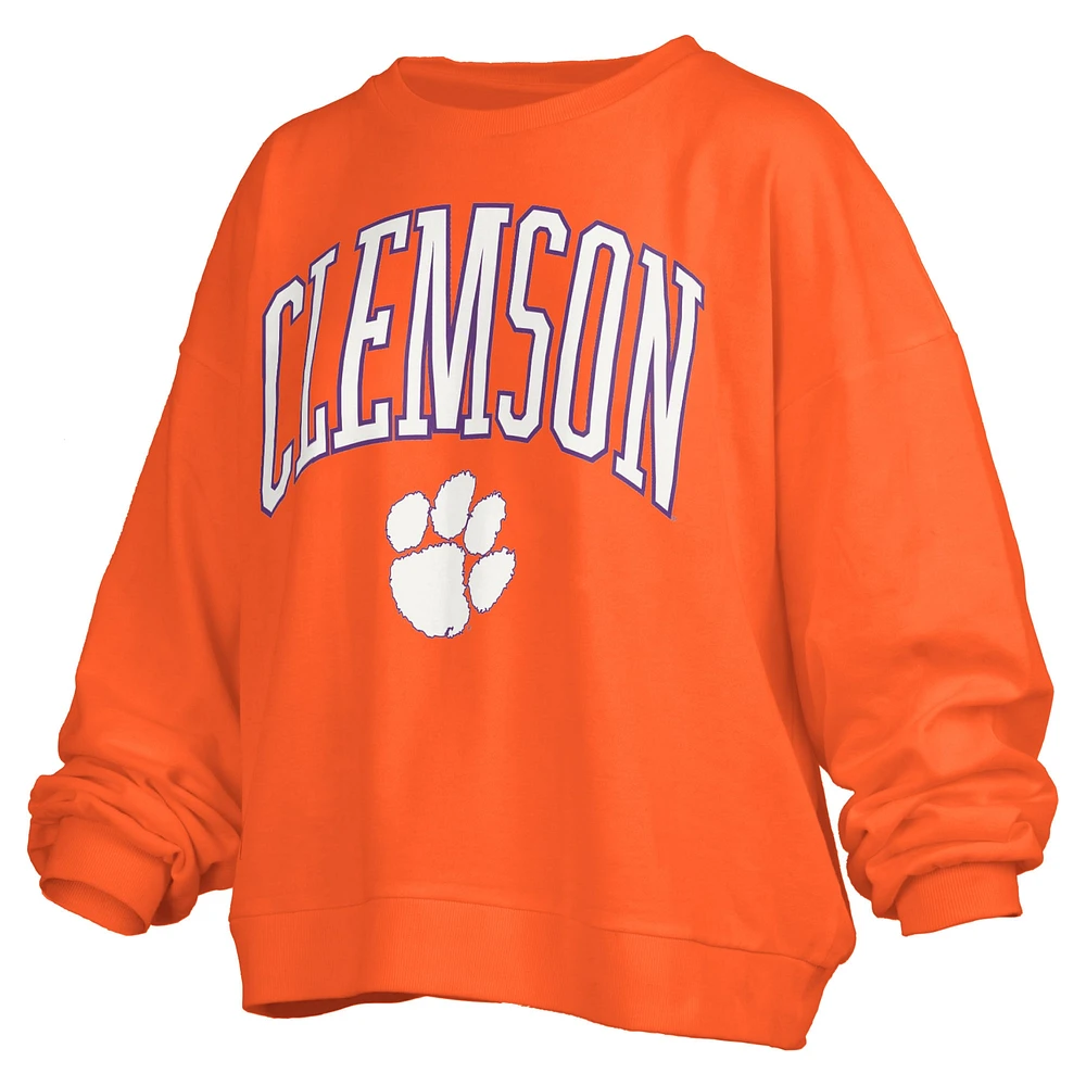 Women's Pressbox Orange Clemson Tigers Janise Arch Over Logo Waist Length Oversized Pullover Sweatshirt
