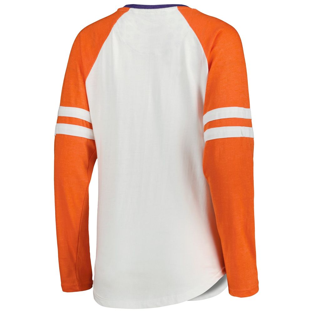 Women's Pressbox White/Orange Clemson Tigers Brooking Sleeve Stripe Raglan Long T-Shirt