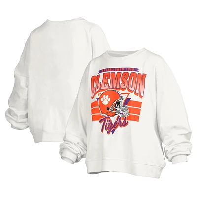 Women's Pressbox White Clemson Tigers Janice Retro Logo Oversized Pullover Sweatshirt