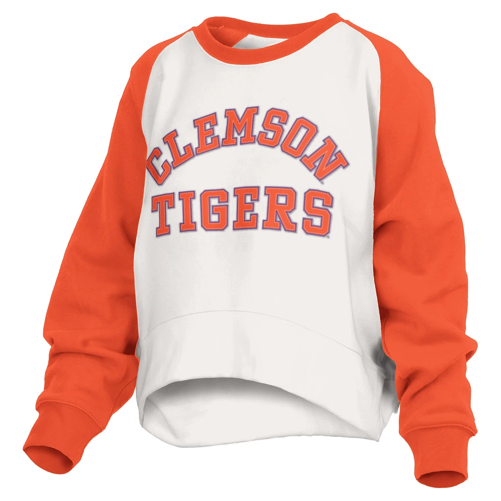 Women's Pressbox White Clemson Tigers Lotus Raglan Pullover Sweatshirt