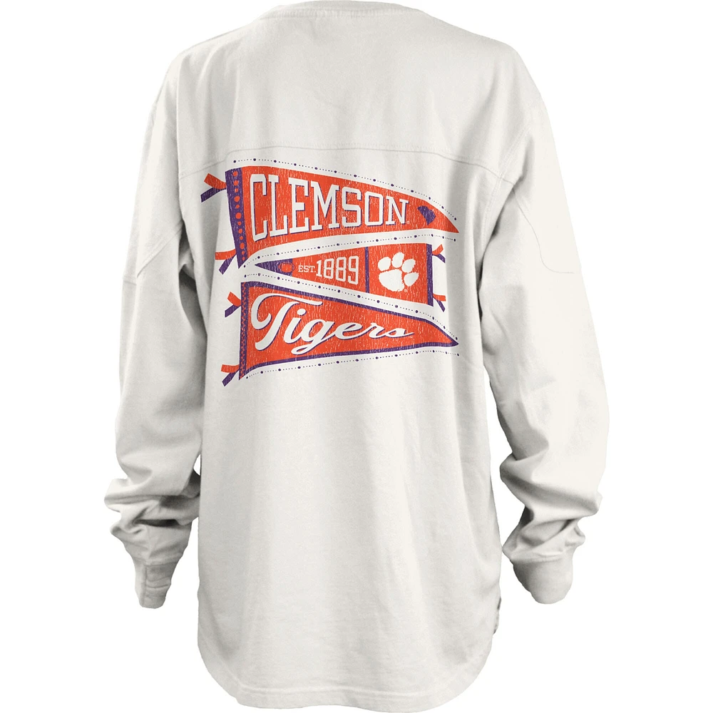 Women's Pressbox White Clemson Tigers Pennant Stack Oversized Long Sleeve T-Shirt