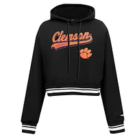 Women's Pro Standard Black Clemson Tigers Script Tail Fleece Cropped Pullover Hoodie