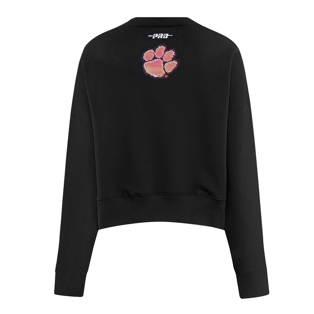 Women's Pro Standard Black Clemson Tigers Sequin Boxy Cropped Pullover Sweatshirt