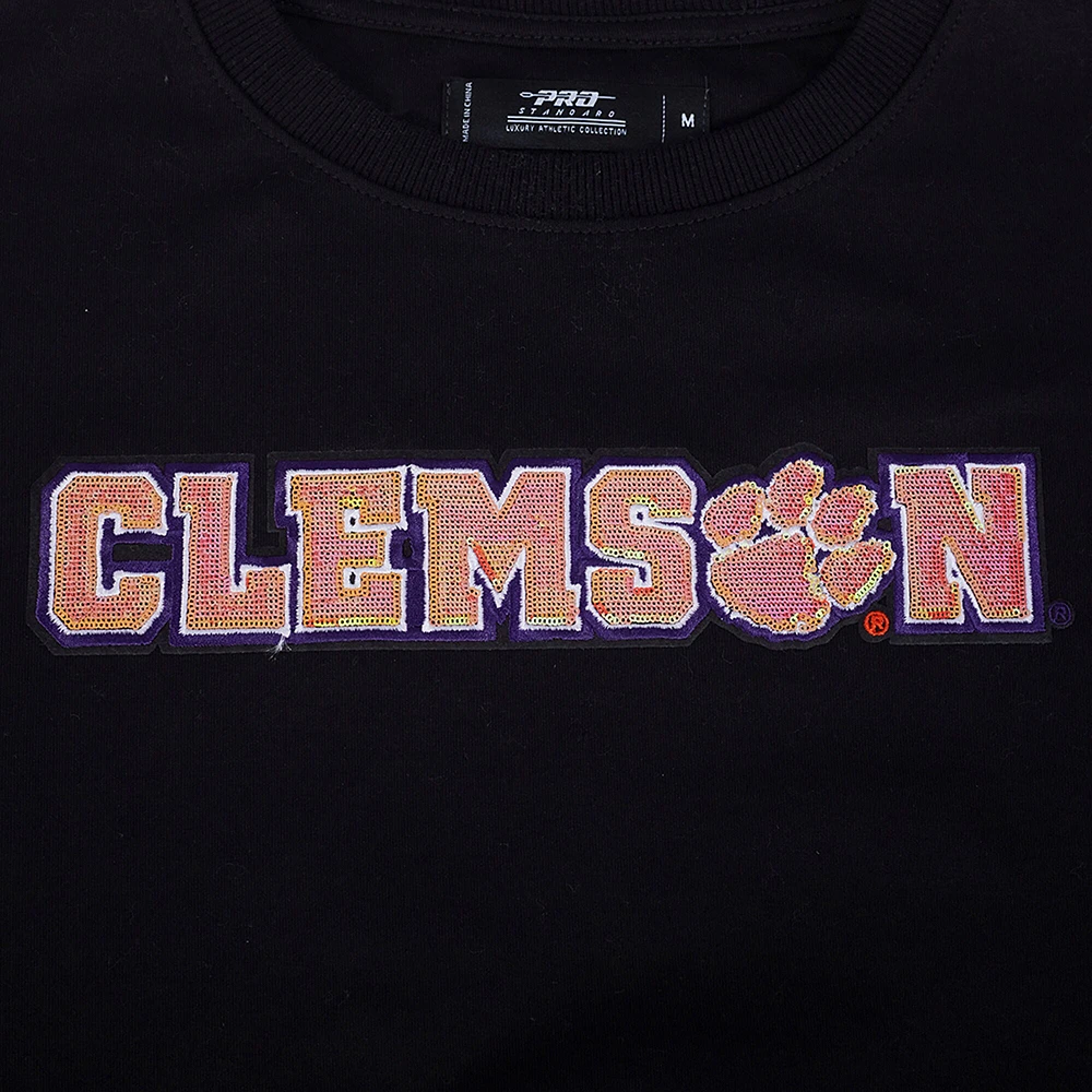 Women's Pro Standard Black Clemson Tigers Sequin Boxy Cropped Pullover Sweatshirt