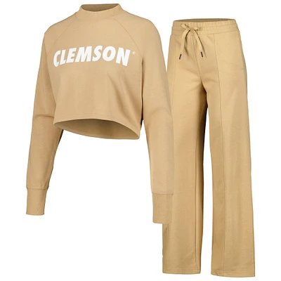 Ensemble sweat-shirt court et pantalon de survêtement raglan beige Clemson Tigers pour femmes