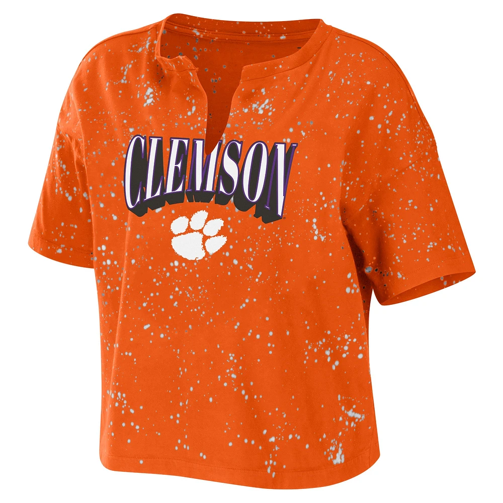 Women's WEAR by Erin Andrews Orange Clemson Tigers Bleach Wash Splatter Cropped Notch Neck T-Shirt