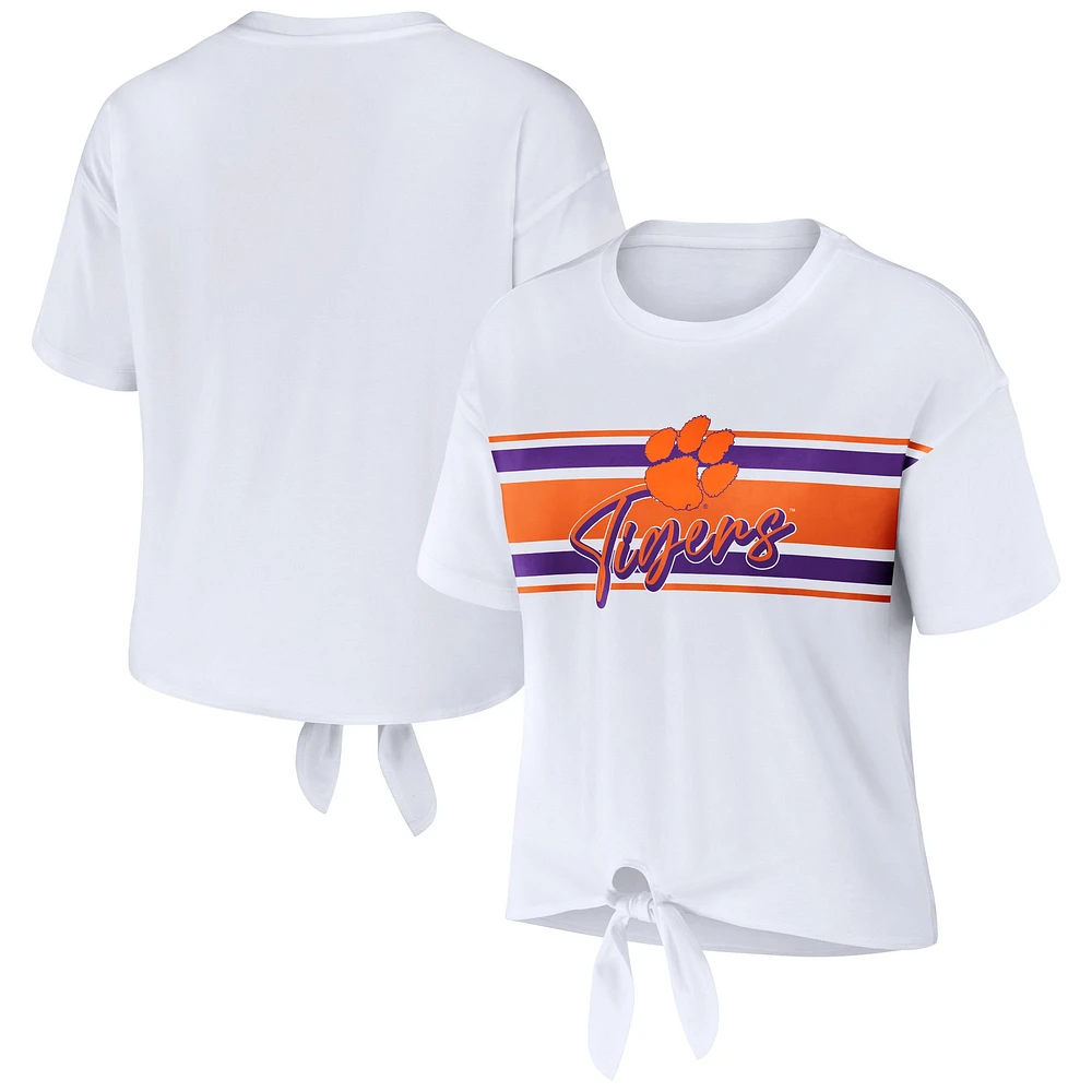 Women's WEAR by Erin Andrews White Clemson Tigers Striped Front Knot Cropped T-Shirt