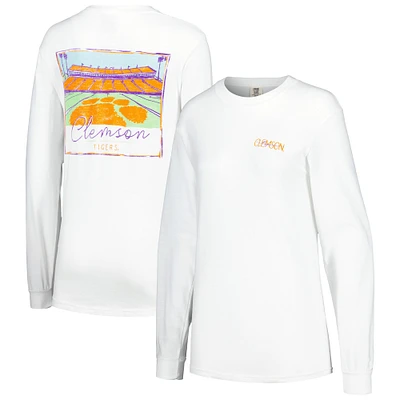 T-shirt à manches longues surdimensionné blanc pour femme Clemson Tigers Hand-Drawn Stadium Comfort Colors