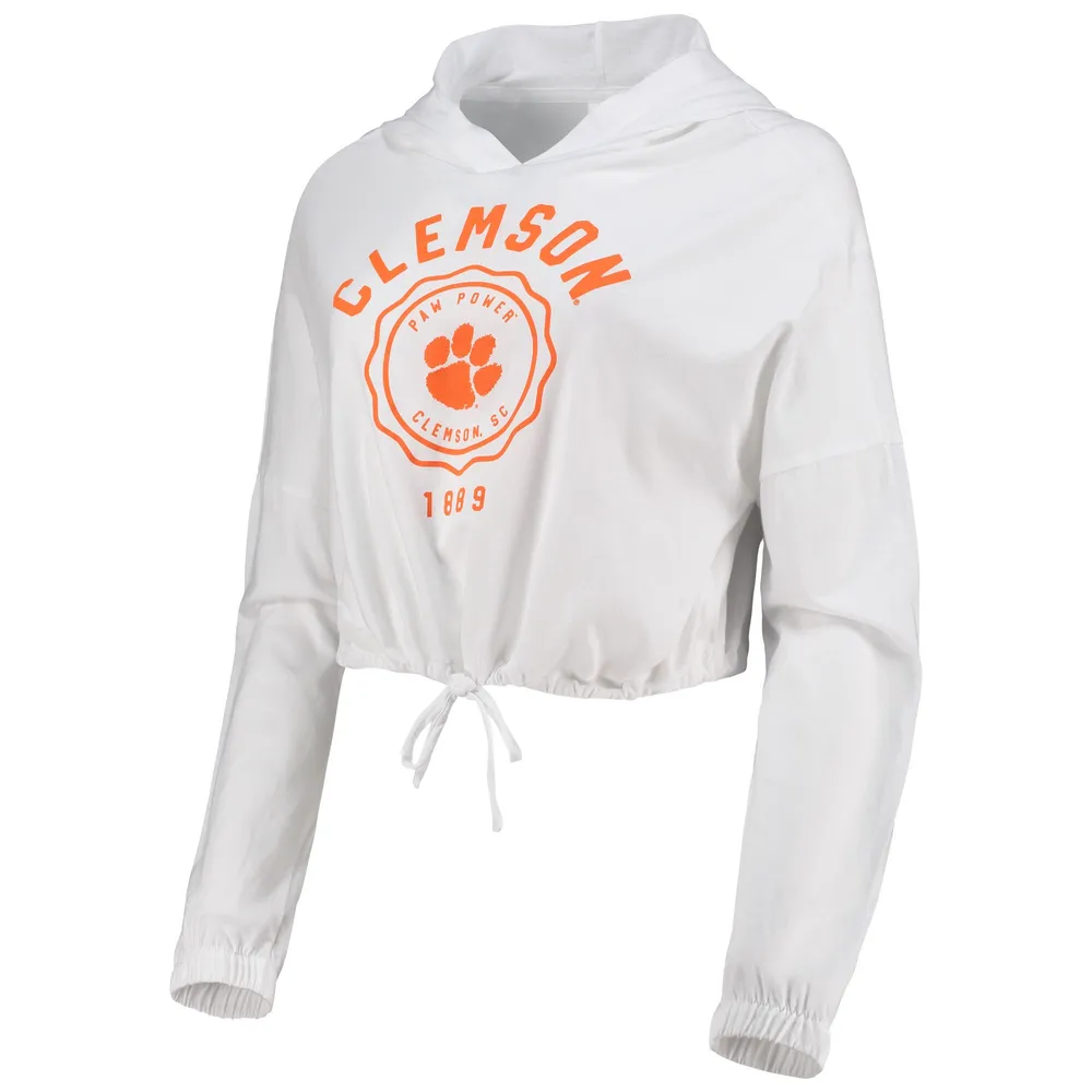 Women's White Clemson Tigers Poppy Cinched Cropped Hoodie Long Sleeve T-Shirt