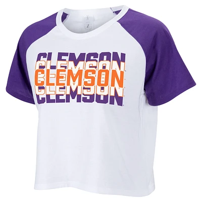 Women's ZooZatz White Clemson Tigers Colorblock Repeat Raglan Cropped T-Shirt