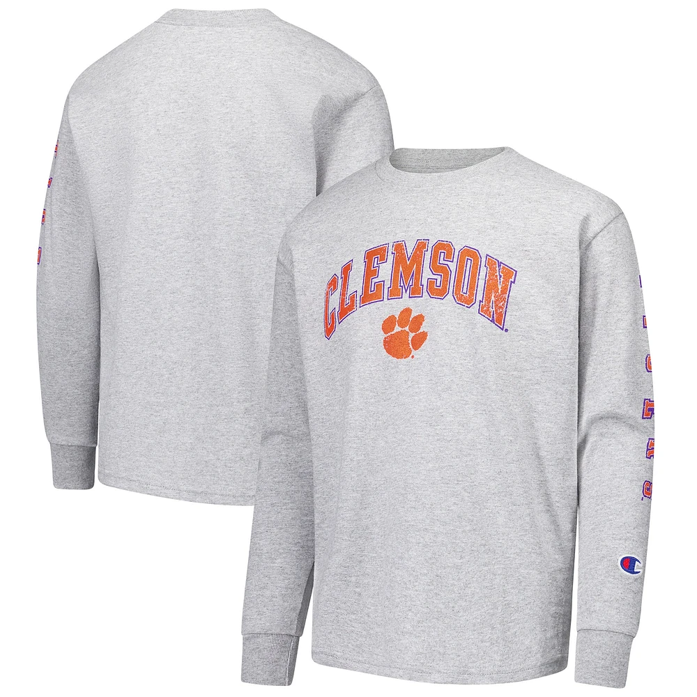 T-shirt à manches longues avec logo vieilli Clemson Tigers, champion des jeunes, gris