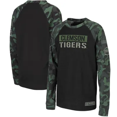 Clemson Tigers Colosseum Youth OHT Military Appreciation Raglan Long Sleeve T-Shirt - Black/Camo