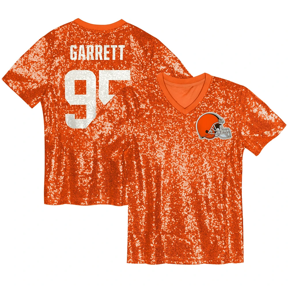 Maillot à col en V sequins orange Cleveland Browns Myles Garrett pour jeunes filles