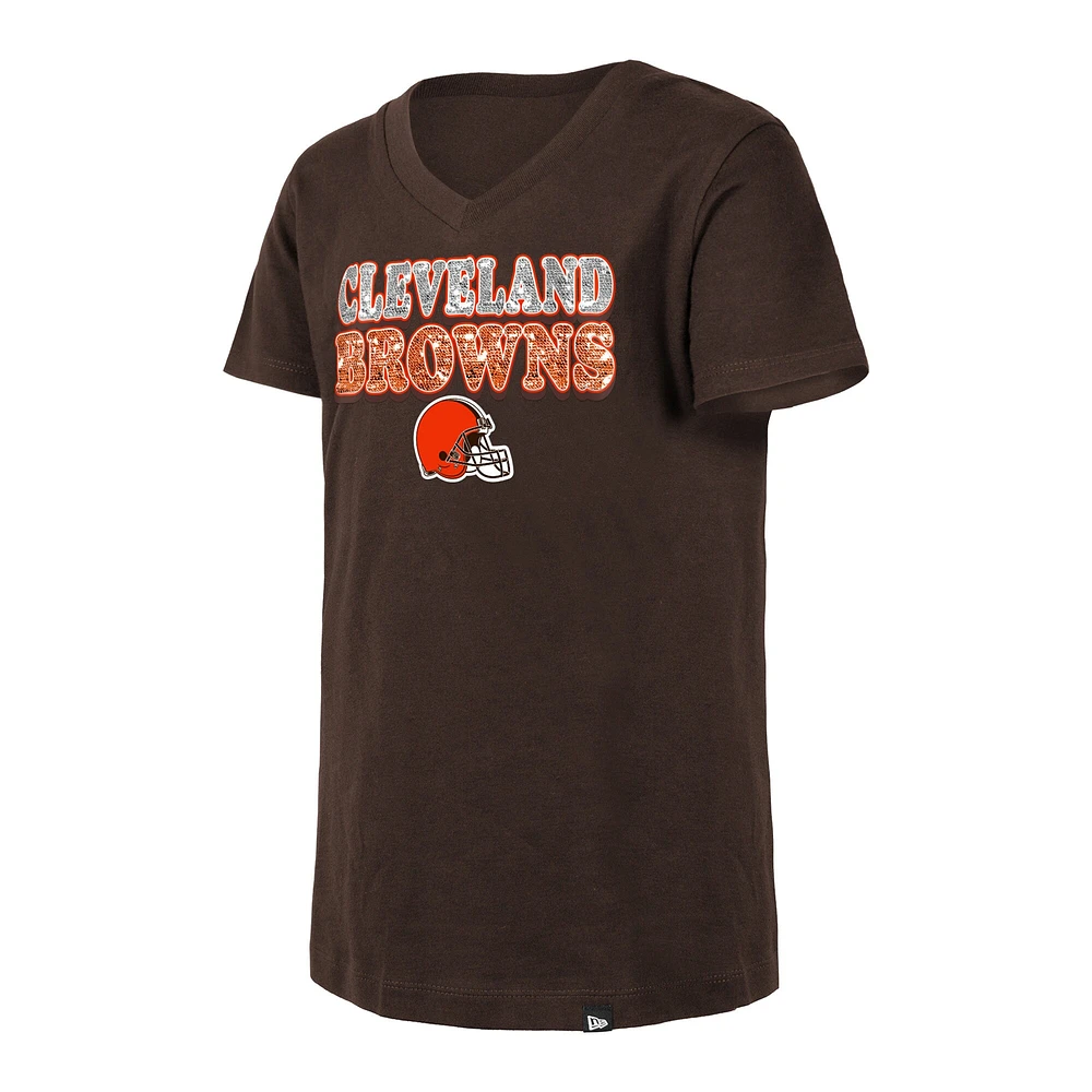 T-shirt à col en V sequins inversés Cleveland Browns New Era pour fille