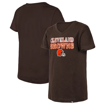 Girls Youth New Era Brown Cleveland Browns Reverse Sequin V-Neck T-Shirt