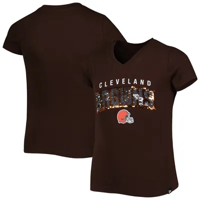 Cleveland Browns New Era Girls Youth Reverse Sequin Wordmark V-Neck T-Shirt - Brown